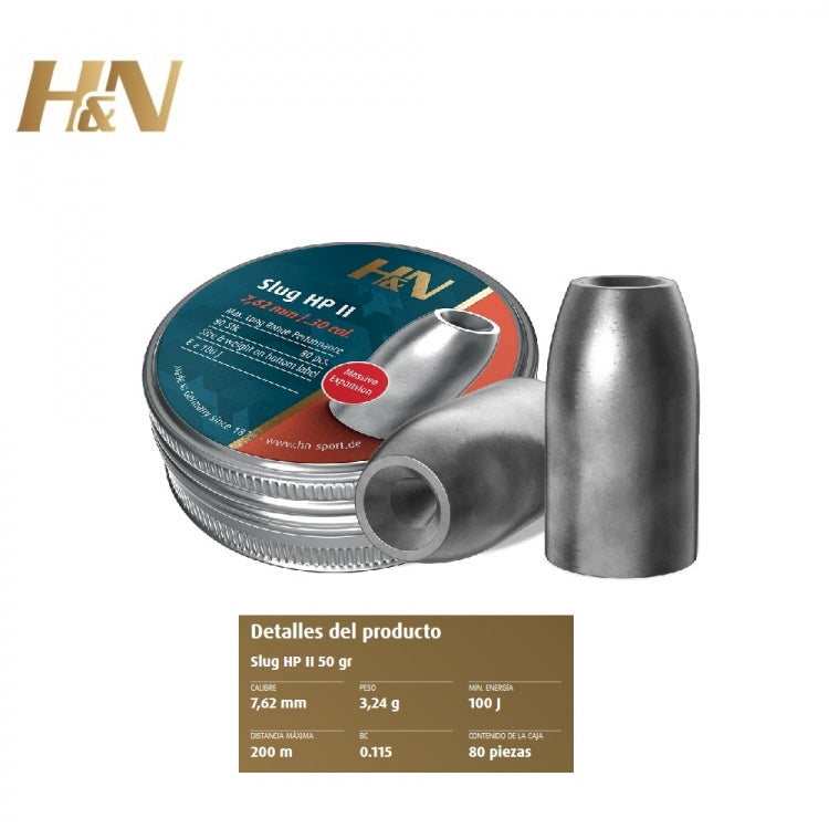 Balines H&N Slug HP II cal.7,62 mm /.301'' - Lata de 80 balines de 3'24 g.
