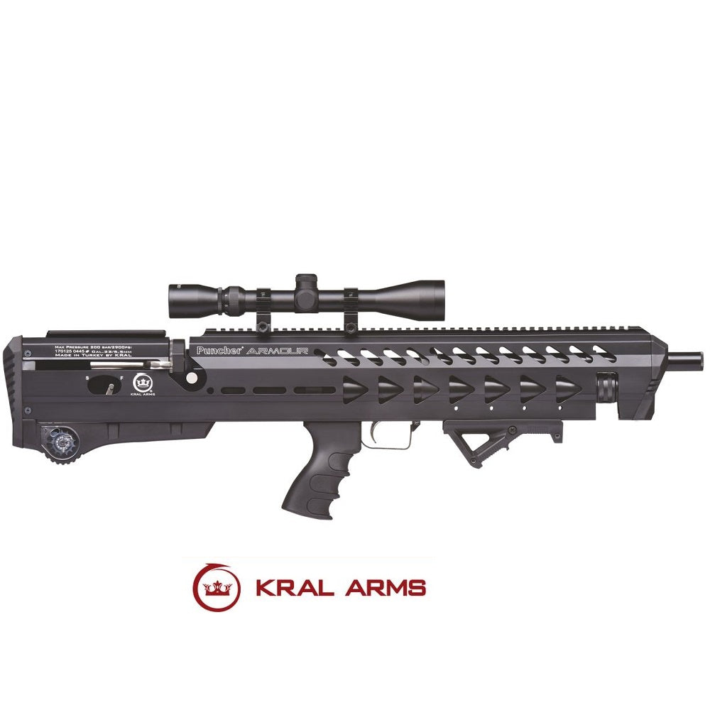Carabina PCP KRAL Puncher Armour Negro cal. 5,50 mm - 24 Julios. Con supresor de sonido.